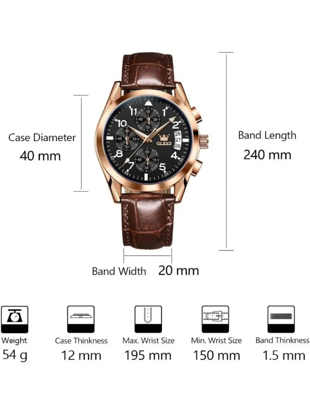 Men's Rose Gold Leather Chronograph Watch Big Face Waterproof Luminous Watch